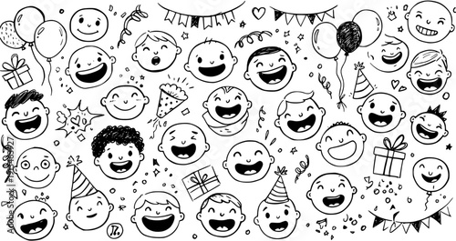 Hand-drawn doodle set of happy baby and toddler faces with festive birthday and celebration elements like balloons, gifts, confetti, and party hats.