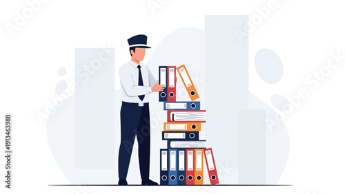 Officer Organizing Stack of Colorful Binders in Minimalist Office