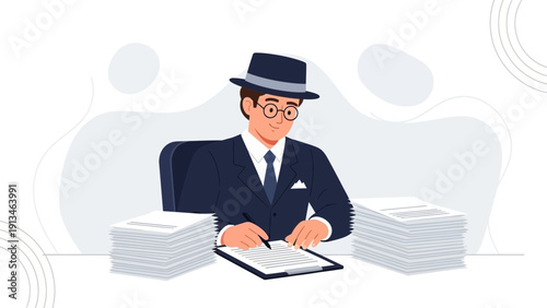 Businessman in Hat Working with Documents and Papers at Desk