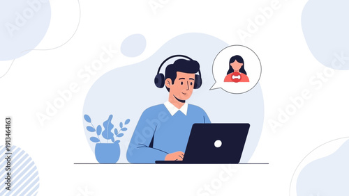 Man with Headphones on Video Call with Woman Holding Heart Icon