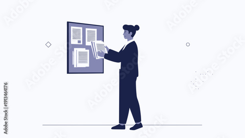 Businesswoman reviewing documents on a notice board, modern flat illustration