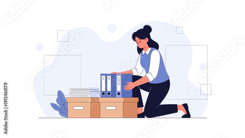 Woman organizing office files and boxes, business organization concept