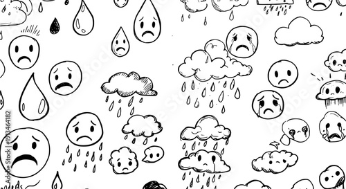 Seamless hand-drawn pattern of sad emojis, crying clouds, and falling raindrops in black and white sketch style, depicting emotions of sadness and depression.