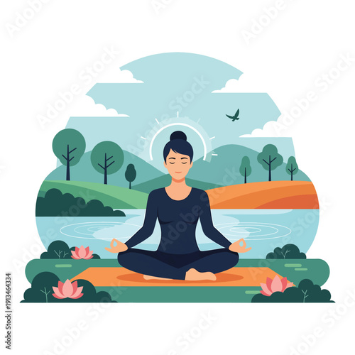 Woman Meditating by the Lake