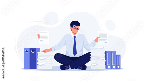 Businessman calmly meditating amidst stacks of paperwork and files