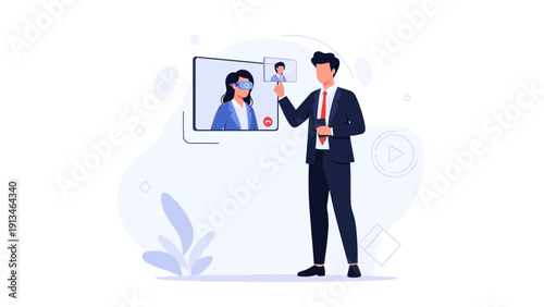 Man conducting online meeting with colleagues via video conference, illustration