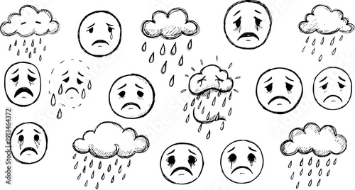 Hand-drawn doodle sketch collection of sad crying faces and rain clouds, symbolizing depression, sorrow, emotional distress, and bad weather in monochrome
