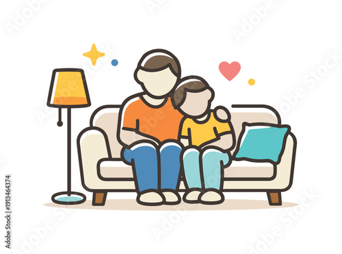 Peaceful family moment at home focused on closeness and shared quiet time in the living space, a parent and child sitting side by side on a sofa with a soft cushion and a floor