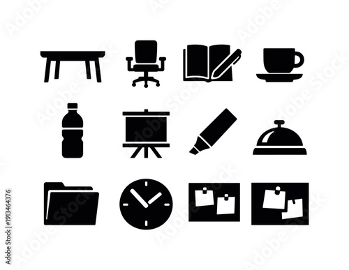 Business enablement strategy alignment meeting items in silhouette style: meeting table, chair, notebook, pen, coffee cup, water bottle, presentation board, marker pen, desk bell,