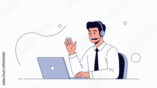 Friendly Customer Service Representative with Headset and Laptop, Waving Hello