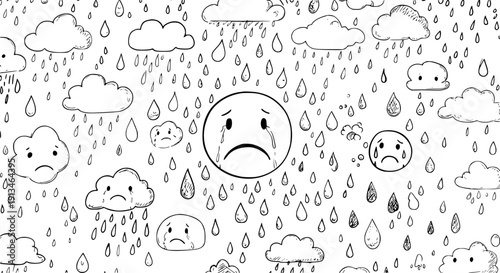 Hand drawn doodle pattern: sad crying emojis, sorrowful clouds, and raindrops illustrating depression, melancholy, and emotional distress on a white background.