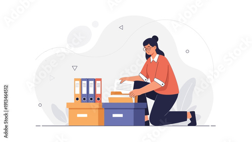 Woman Organizing Files and Folders in Office, Paperwork Management