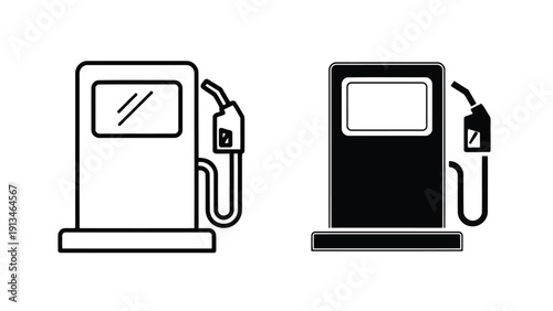 Two monochrome depictions of gas pumps are shown one white and one black side by side