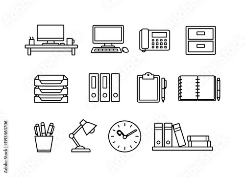 Market research administration workspace in outline style: office desk, desktop computer, desk phone, filing cabinet, document tray, binder, clipboard, notebook, pen holder, desk