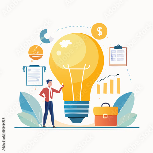 Conceptualization of a bright idea represented by a giant illuminated lightbulb, surrounded by business growth charts and strategic planning tools, fostering innovation and business development