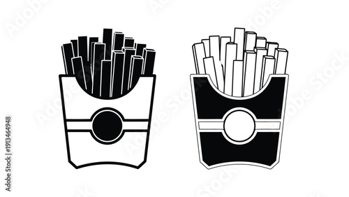 Two stylized black and white illustrations depict french fries served in paper containers