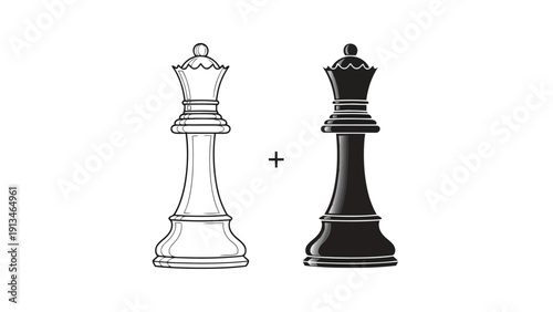 A contrasting depiction of a white chess queen and a black chess king positioned side by side