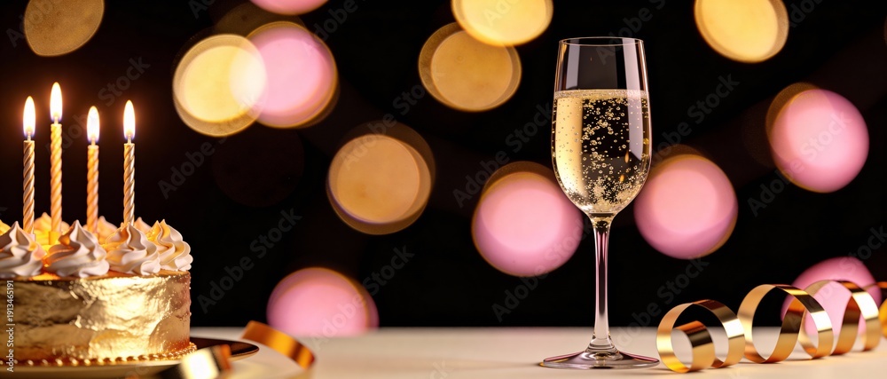 Fototapeta premium Golden birthday cake with lit candles and champagne flute against bokeh lights