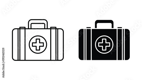 Two monochromatic depictions of medical cases one outlined and one filled showcasing a universal healthcare symbol