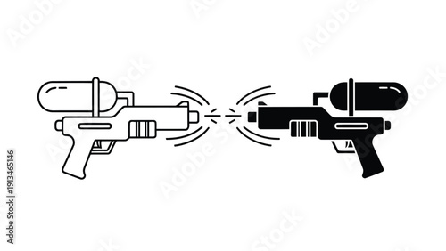 A graphic illustration depicts two water guns facing each other emitting streams of water