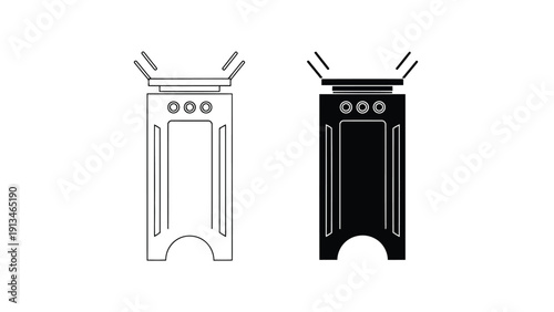 Two minimalist depictions of a building or structure with a rectangular base and detailed top