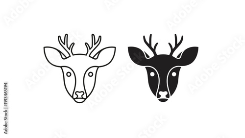 A minimalist depiction of two deer heads one outlined and one filled presented in black and white