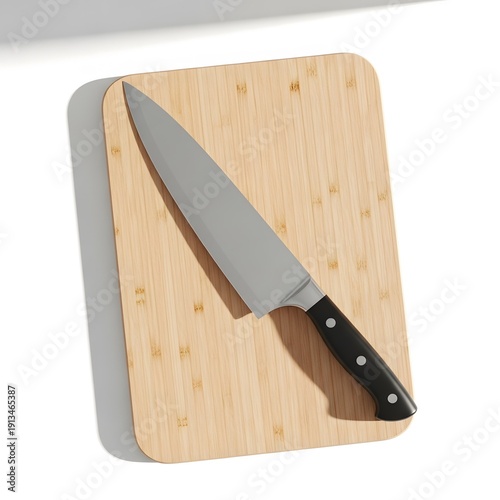 A chef's knife rests on a wooden cutting board with a shadow cast underneath, viewed from above.