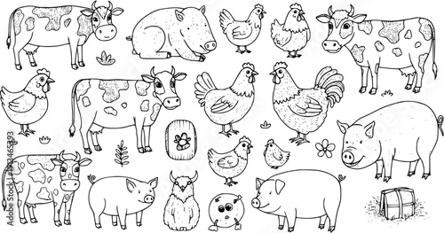 Cute hand-drawn farm animals collection for coloring book. Outline cartoon set featuring happy cows, pigs, and various chickens in a playful style, perfect for kids.