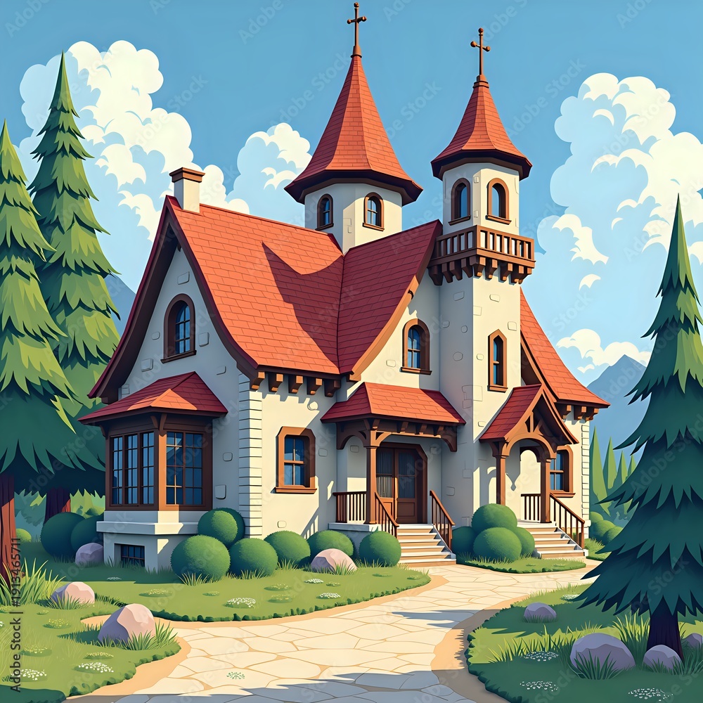 Naklejka premium Charming Castle Home Amidst Lush Greenery