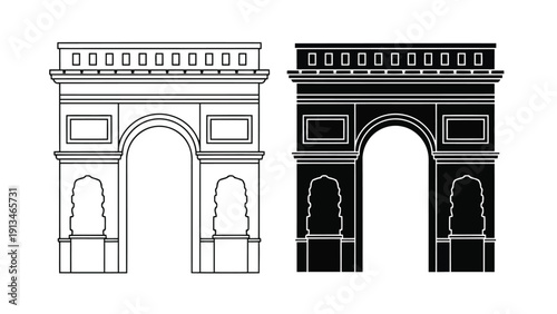 Two monochromatic depictions of a triumphal arch one white and one black showcasing architectural detail