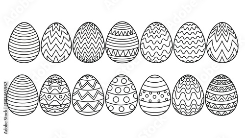 A collection of monochrome easter eggs featuring diverse patterns and decorative linework is displayed