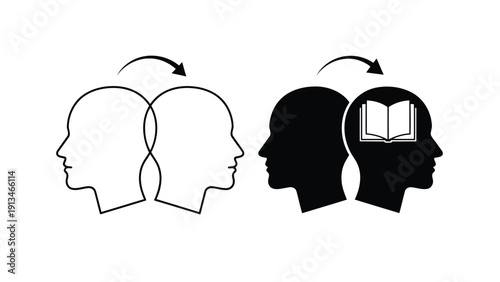Two stylized human heads are depicted one blank and one containing an open book symbolizing knowledge transfer