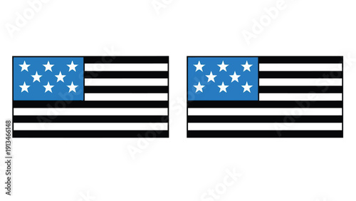 Two depictions of a modified american flag with a blue canton and black stripes are shown
