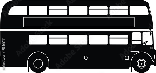 Classic double decker bus silhouette, iconic public transport vehicle design, urban travel concept, black and white vector illustration for city transit branding