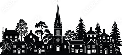 Classic English Village or Rural Town Skyline Silhouette Vector, Quaint European Neighborhood Panorama with Church, Traditional Homes, and Trees, Community and Real Estate Background