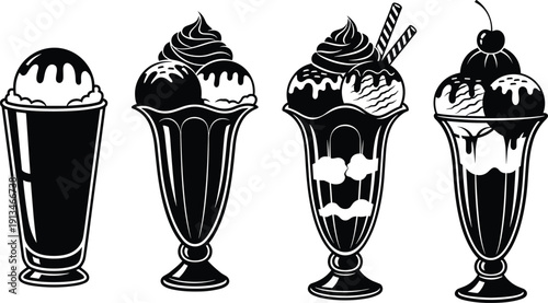 Classic ice cream sundae and milkshake vector illustration set, black silhouette dessert glasses for cafe menu, retro sweet treats design
