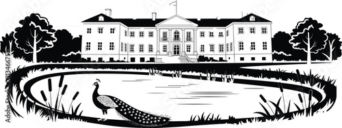 Classic mansion with garden pond and peacock, elegant luxury estate architecture, black and white vector illustration, countryside landscape scene, vintage royal house design