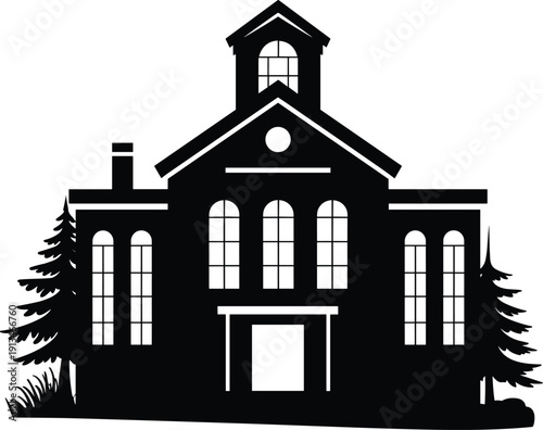 Classic school building silhouette, institutional architecture, arched windows, central tower, landscaped trees, educational structure, civic design, vector illustration, white background, 