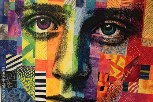 Mosaic Portrait Depicting Face Using Colorful Geometric Shapes and Pixelated Details with Light on the Face