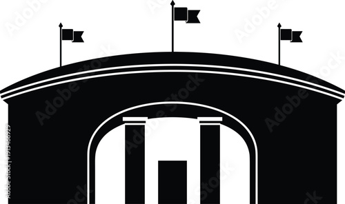 Classical government building silhouette vector illustration, monumental civic architecture with arch entrance, columns and flags, official landmark icon, black and white, isolated