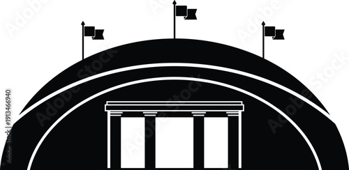 WebClassical government building silhouette vector illustration, monumental dome with columns and flags, civic landmark architecture icon, black and white design, isolated