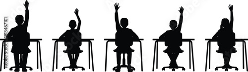 Classroom students raising hands, silhouette education scene, active learning, school participation, vector illustration for teaching, academic engagement, knowledge sharing, educational concept