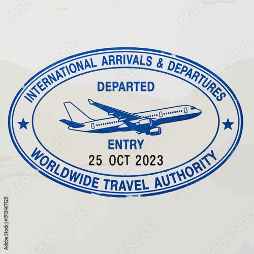 Airplane passport stamp for international travel, departure date