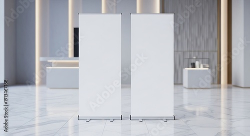 Two empty white roll-up display banners stand prominently in a contemporary office lobby, ready for custom branding and promotional messaging, perfect for showcasing your business initiatives