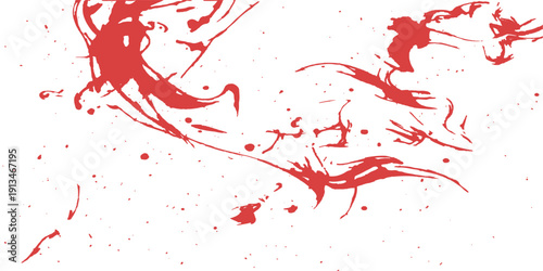 Vibrant red paint splashes and ink splatters create a grunge watercolor texture with artistic drips and spray spots on a white vector illustration design pattern