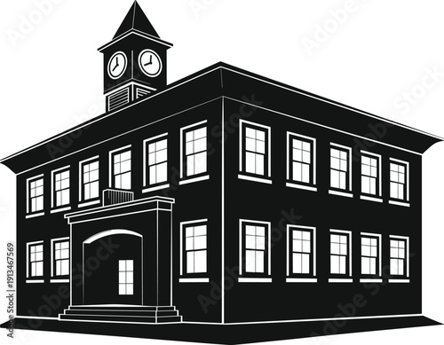Clock tower building silhouette, black vector illustration, symmetrical architecture design, public institution concept, classic facade, formal structure, civic landmark icon
