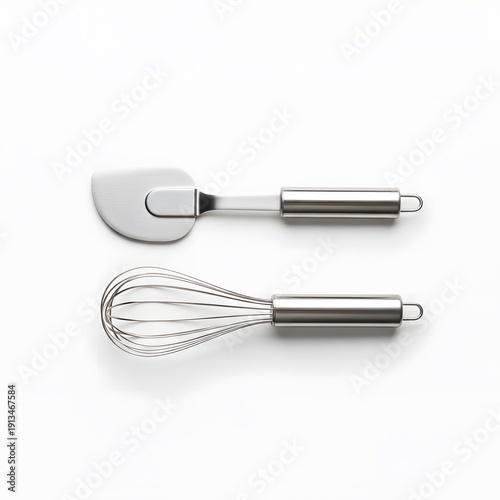 A kitchen scene featuring a whisk and spatula on a clean white surface viewed from directly above showcasing kitchen utensils