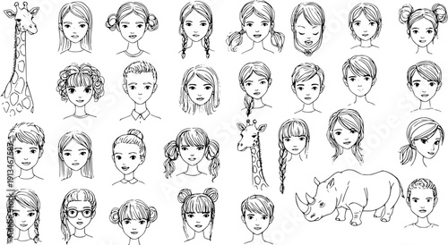 Diverse Faces  Animals: Hand-Drawn Sketch Collection of People and Wildlife Illustrations