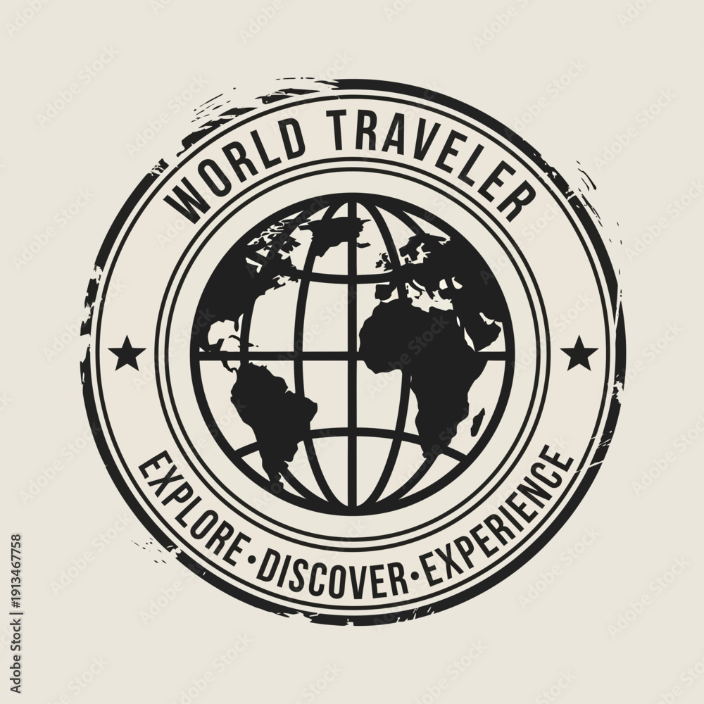 Obraz premium World Traveler Stamp: Globe, Explore, Discover, Experience