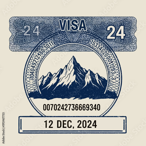 Visa Stamp with Mountain Landscape and Date